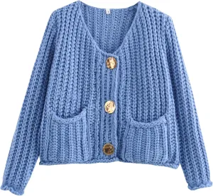 FindThy Womens Cropped Knit Cardigan Long Sleeve Crewneck Button Down Fall Sweater with Pockets
