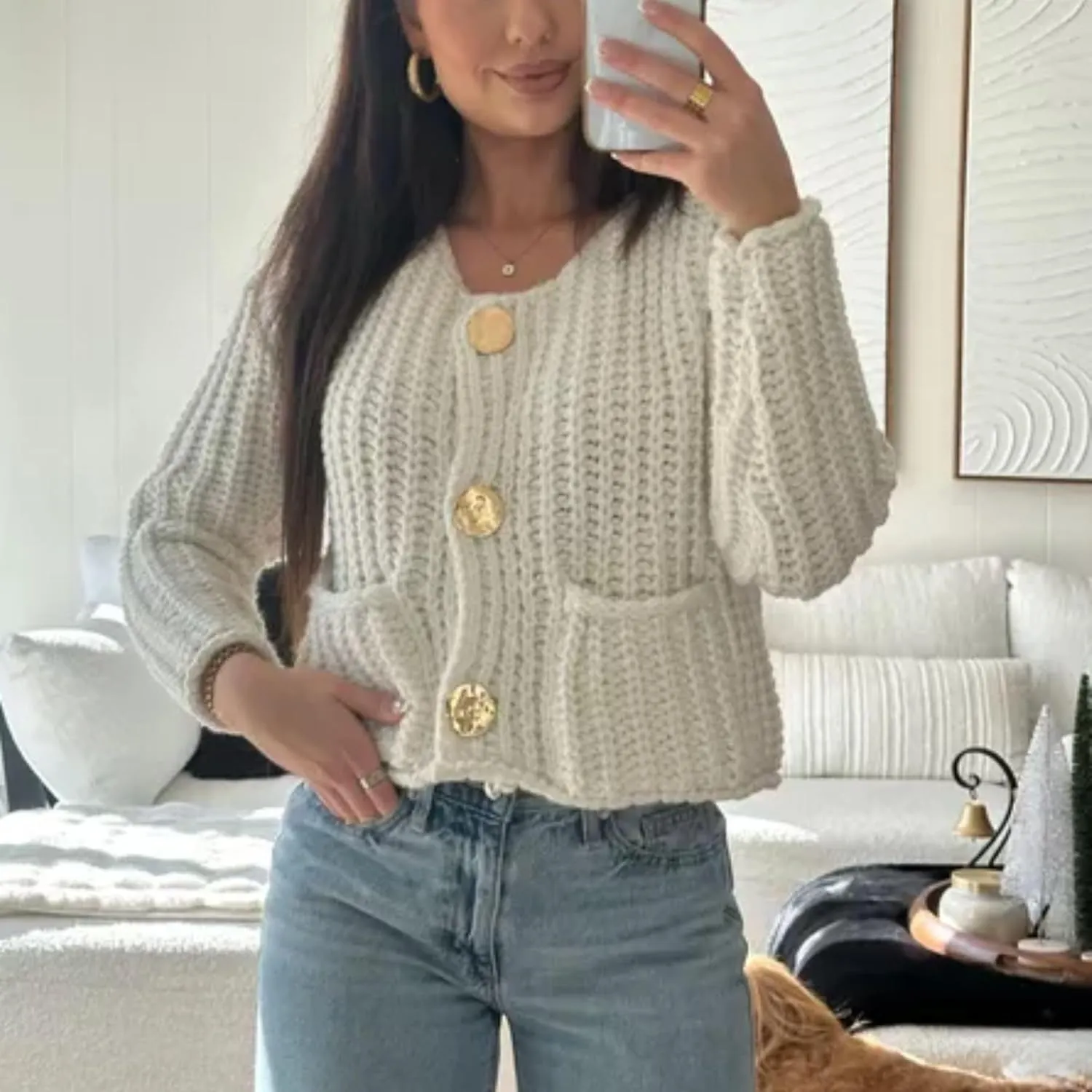 FindThy Womens Cropped Knit Cardigan Long Sleeve Crewneck Button Down Fall Sweater with Pockets
