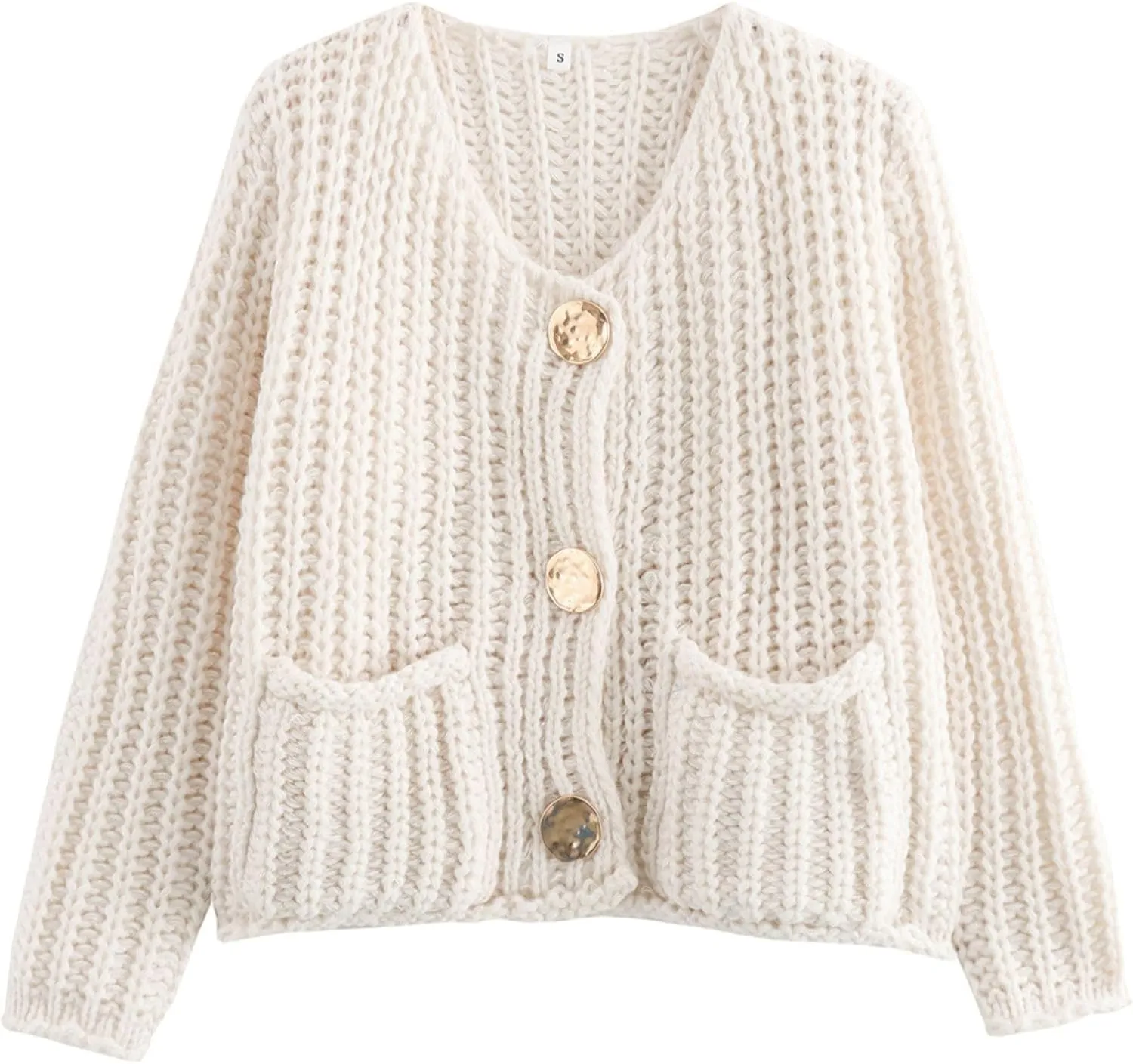 FindThy Womens Cropped Knit Cardigan Long Sleeve Crewneck Button Down Fall Sweater with Pockets