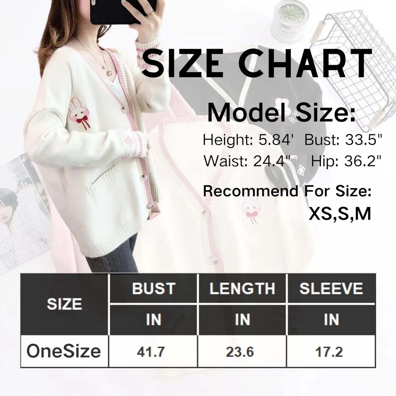 FindThy Womens Cute Rabbit Embroidered Cardigan Long Sleeve Pocketed Kawaii Cardigans Sweater