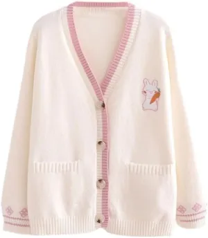 FindThy Womens Cute Rabbit Embroidered Cardigan Long Sleeve Pocketed Kawaii Cardigans Sweater