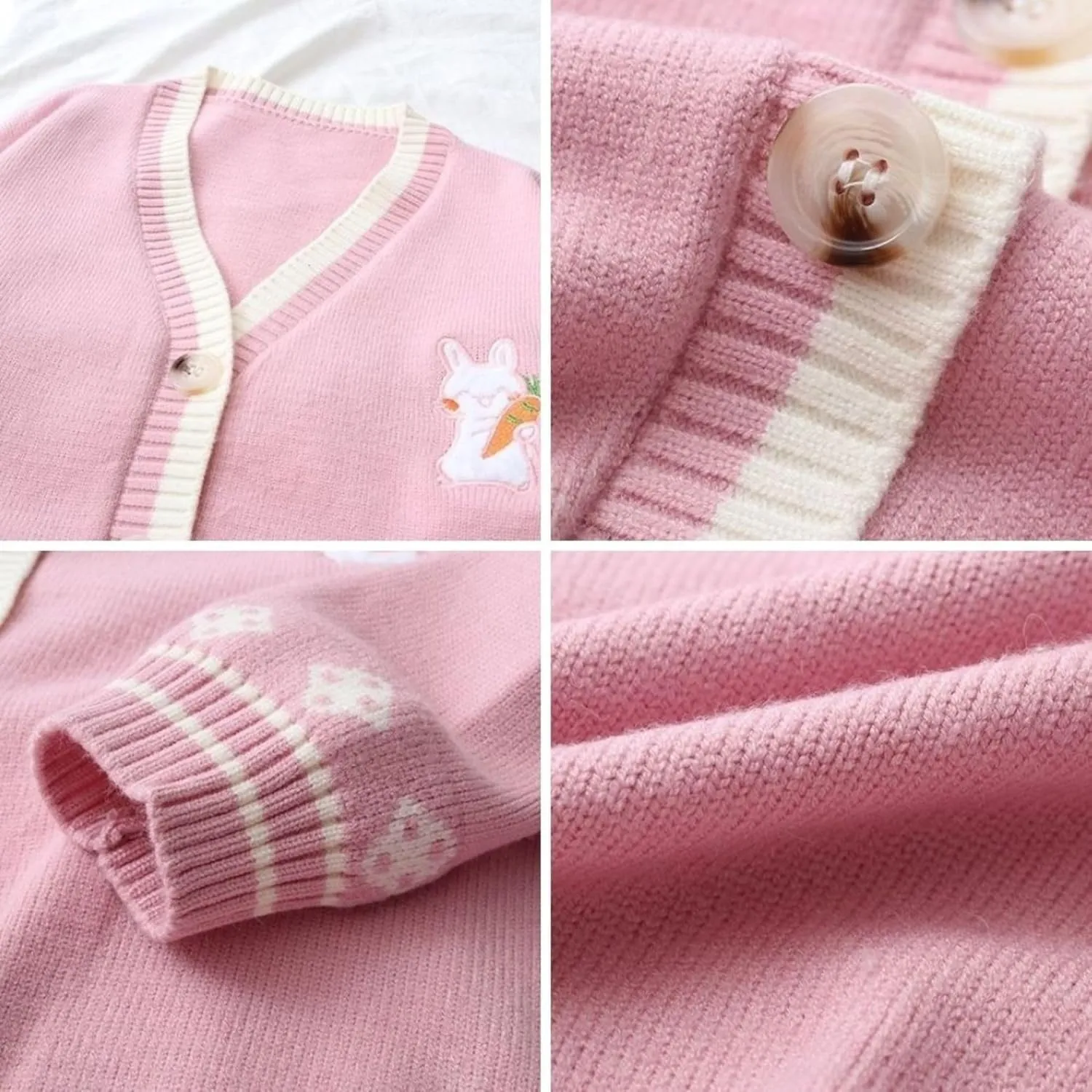 FindThy Womens Cute Rabbit Embroidered Cardigan Long Sleeve Pocketed Kawaii Cardigans Sweater