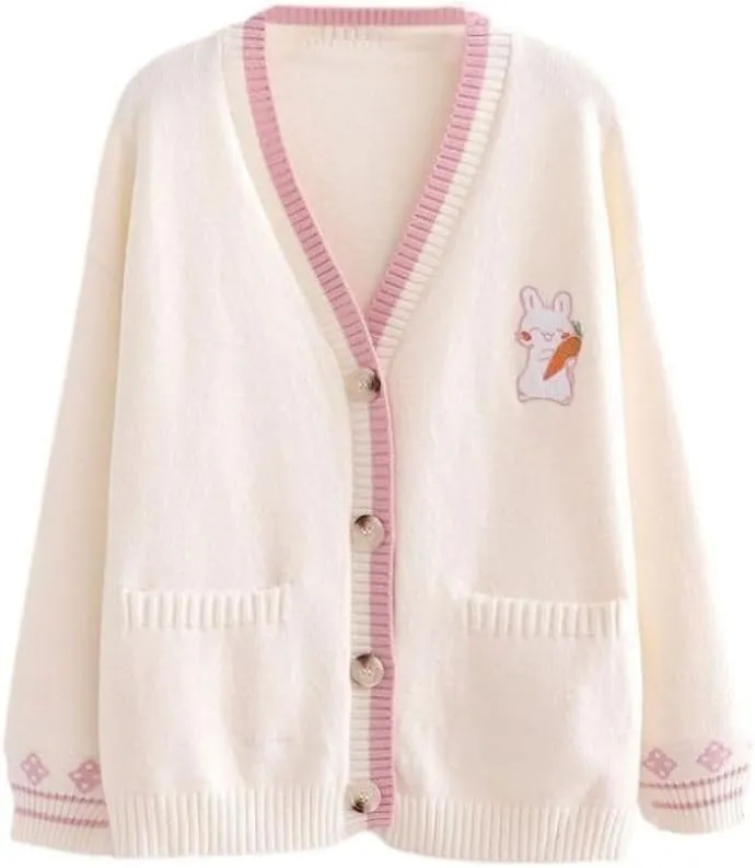 FindThy Womens Cute Rabbit Embroidered Cardigan Long Sleeve Pocketed Kawaii Cardigans Sweater