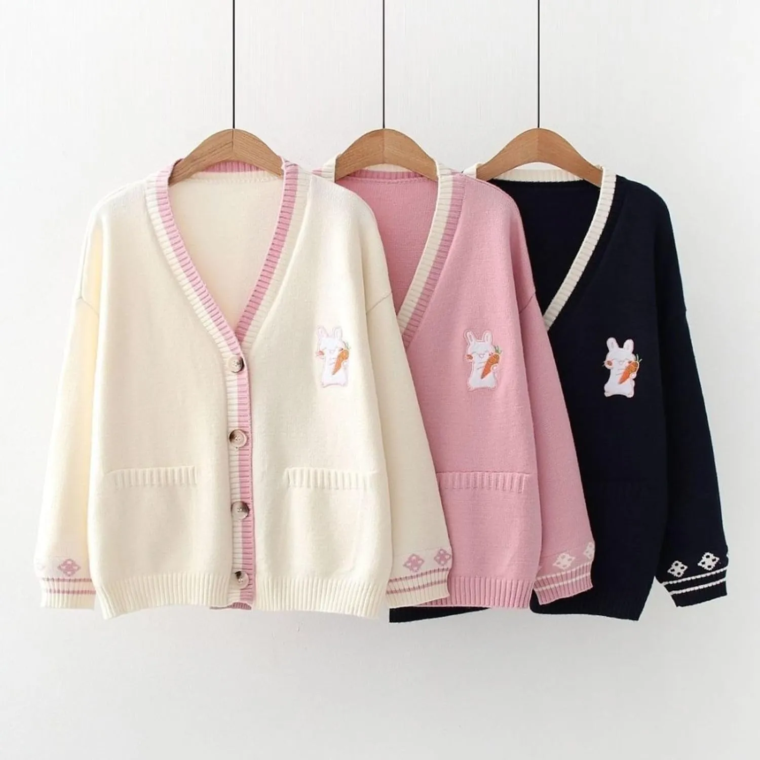 FindThy Womens Cute Rabbit Embroidered Cardigan Long Sleeve Pocketed Kawaii Cardigans Sweater