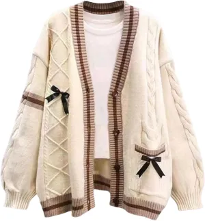 FindThy Womens Kawaii JK School Uniform Cardigans Long Sleeve Button Up Cardigan with Pinned Bowknot