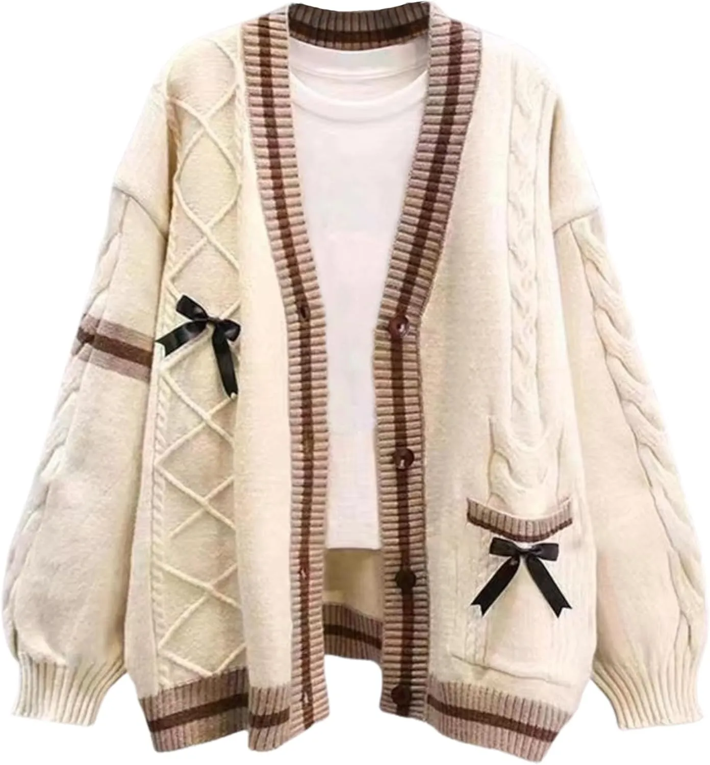 FindThy Womens Kawaii JK School Uniform Cardigans Long Sleeve Button Up Cardigan with Pinned Bowknot