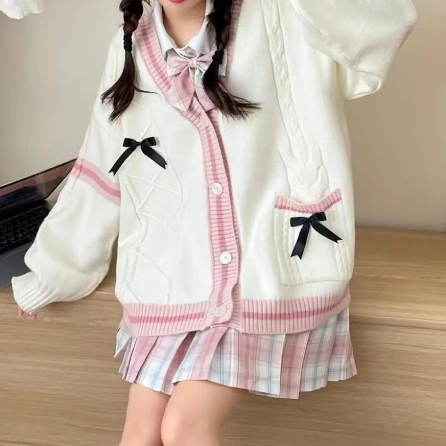 FindThy Womens Kawaii JK School Uniform Cardigans Long Sleeve Button Up Cardigan with Pinned Bowknot