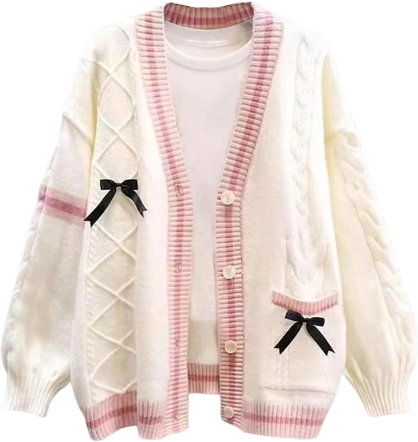 FindThy Womens Kawaii JK School Uniform Cardigans Long Sleeve Button Up Cardigan with Pinned Bowknot