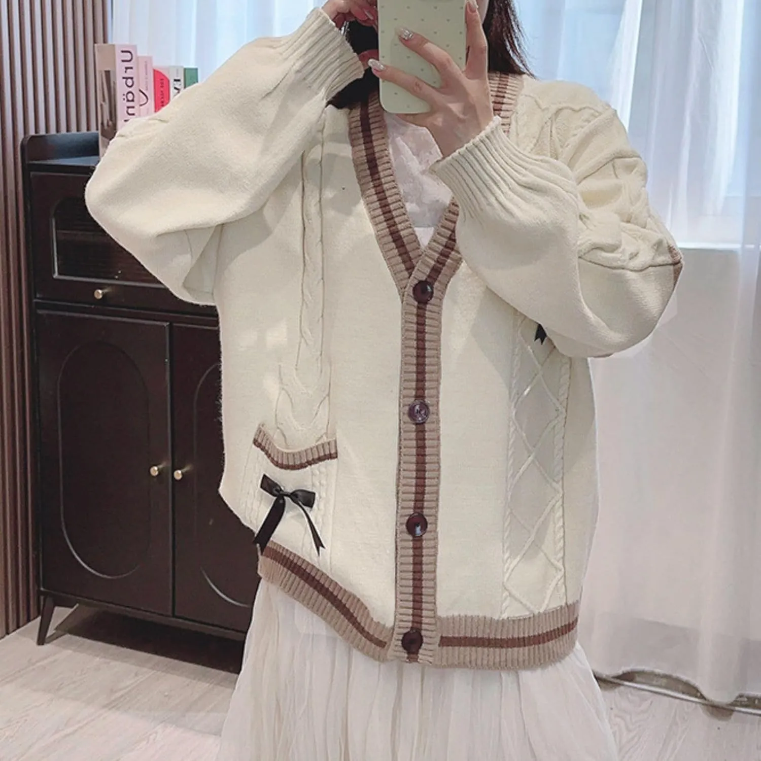 FindThy Womens Kawaii JK School Uniform Cardigans Long Sleeve Button Up Cardigan with Pinned Bowknot