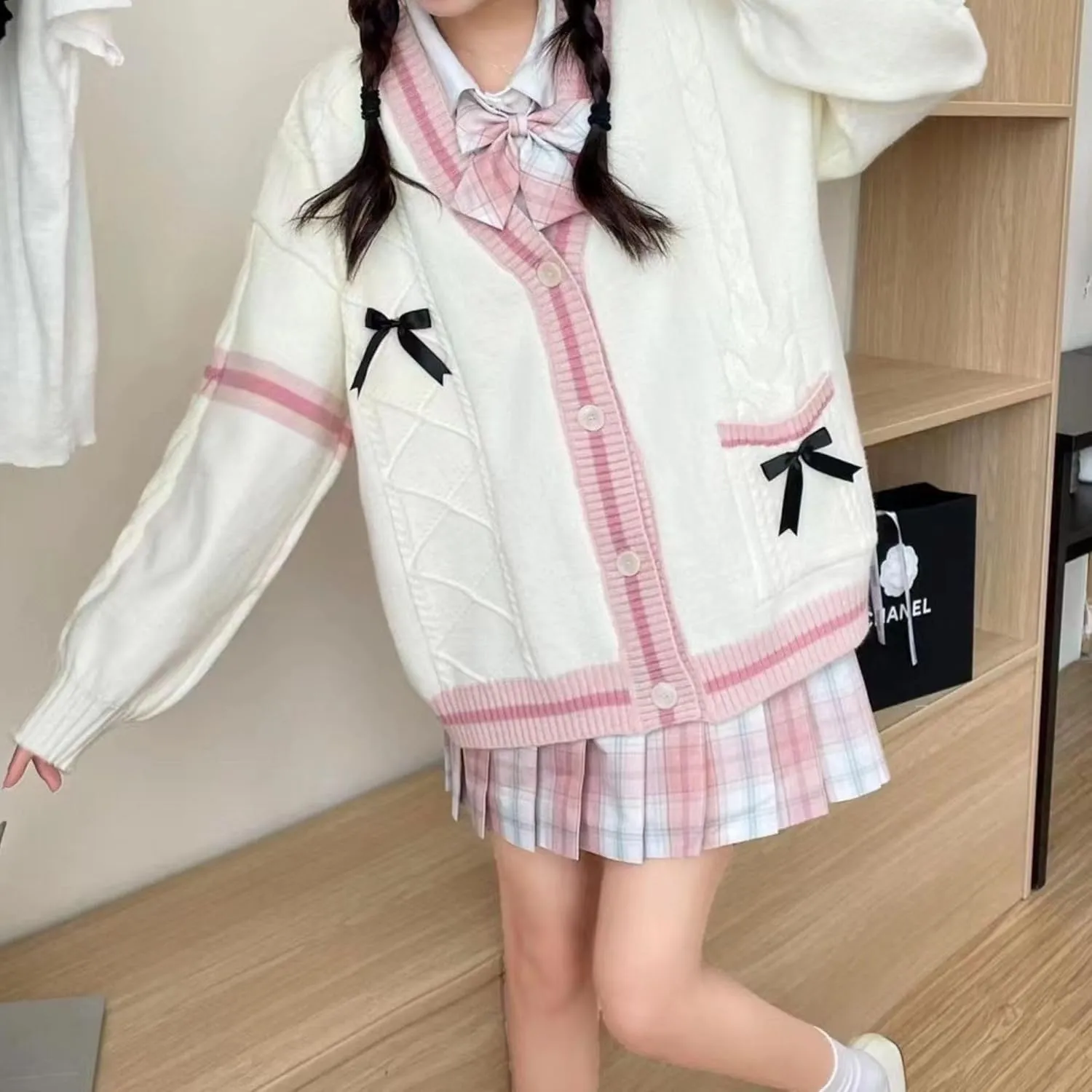 FindThy Womens Kawaii JK School Uniform Cardigans Long Sleeve Button Up Cardigan with Pinned Bowknot