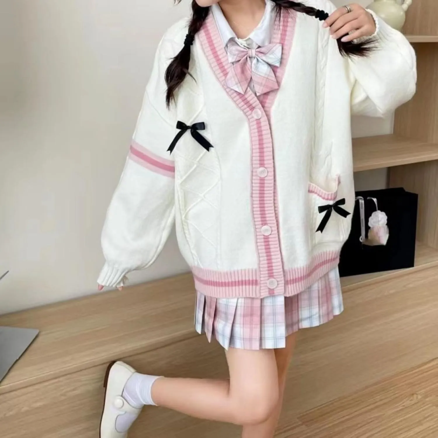 FindThy Womens Kawaii JK School Uniform Cardigans Long Sleeve Button Up Cardigan with Pinned Bowknot