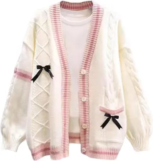 FindThy Womens Kawaii JK School Uniform Cardigans Long Sleeve Button Up Cardigan with Pinned Bowknot