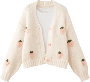 FindThy Womens Kawaii Strawberry Embroidered Cardigan Long Sleeve V Neck Chunky Knitted Cardigans Tops