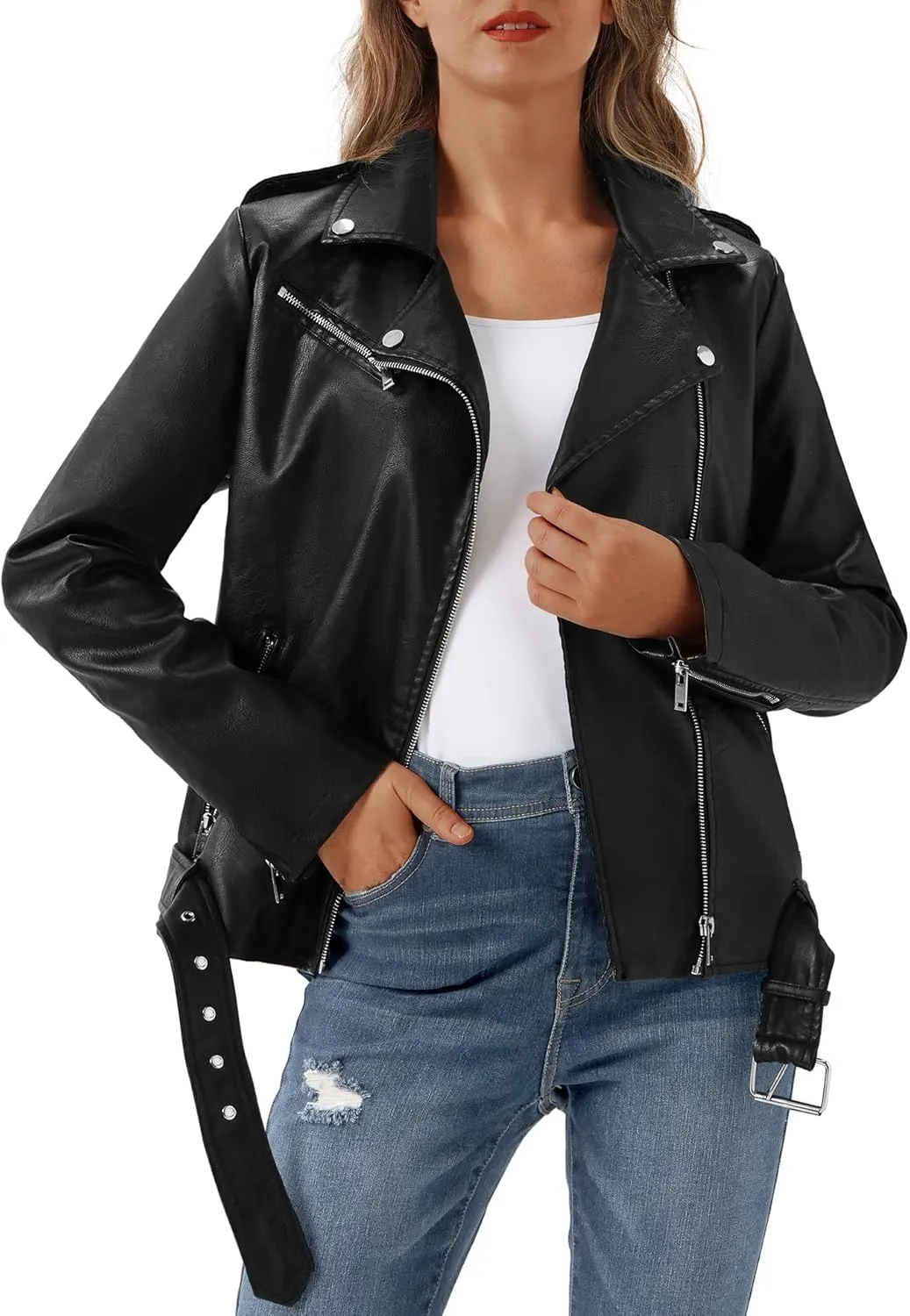 FIRST WAY Faux Leather Jackets for Women, Black Vegan Jackets Moto Biker Motorcycle Coat