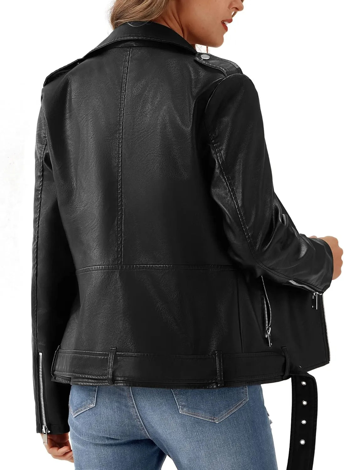 FIRST WAY Faux Leather Jackets for Women, Black Vegan Jackets Moto Biker Motorcycle Coat