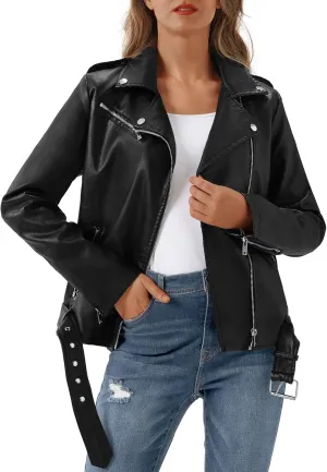 FIRST WAY Faux Leather Jackets for Women, Black Vegan Jackets Moto Biker Motorcycle Coat