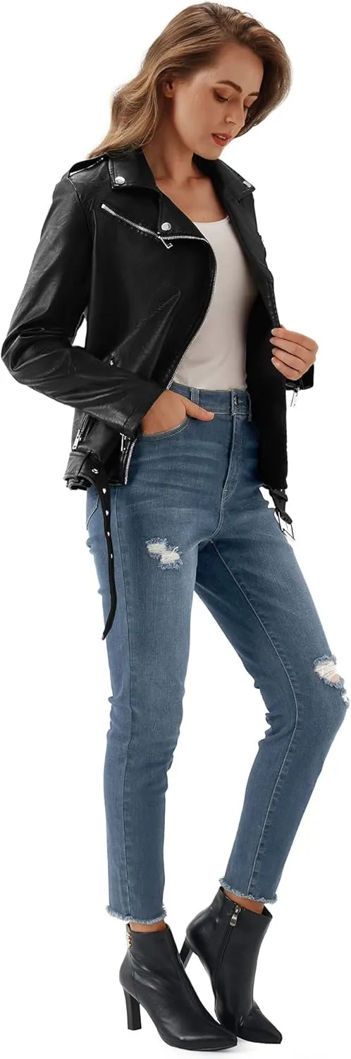 FIRST WAY Faux Leather Jackets for Women, Black Vegan Jackets Moto Biker Motorcycle Coat