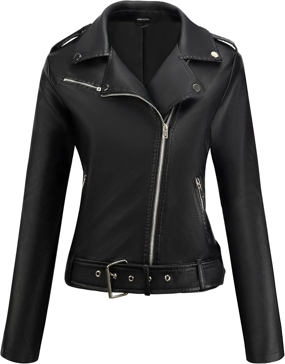 FIRST WAY Faux Leather Jackets for Women, Black Vegan Jackets Moto Biker Motorcycle Coat