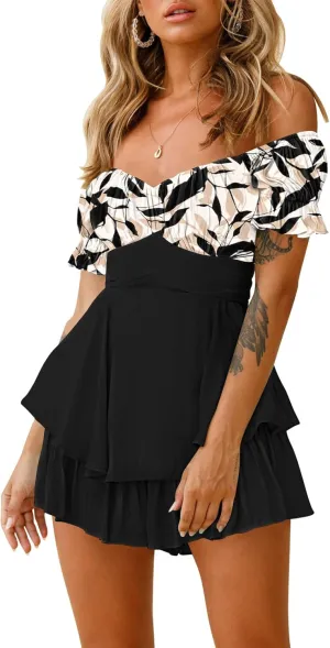 Fixmatti Women Boho Romper Off Shoulder Ruffle Chiffon Shorts Jumpsuit Playsuits