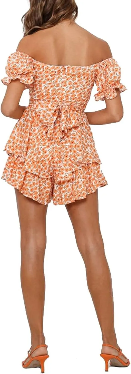 Fixmatti Women Boho Romper Off Shoulder Ruffle Chiffon Shorts Jumpsuit Playsuits