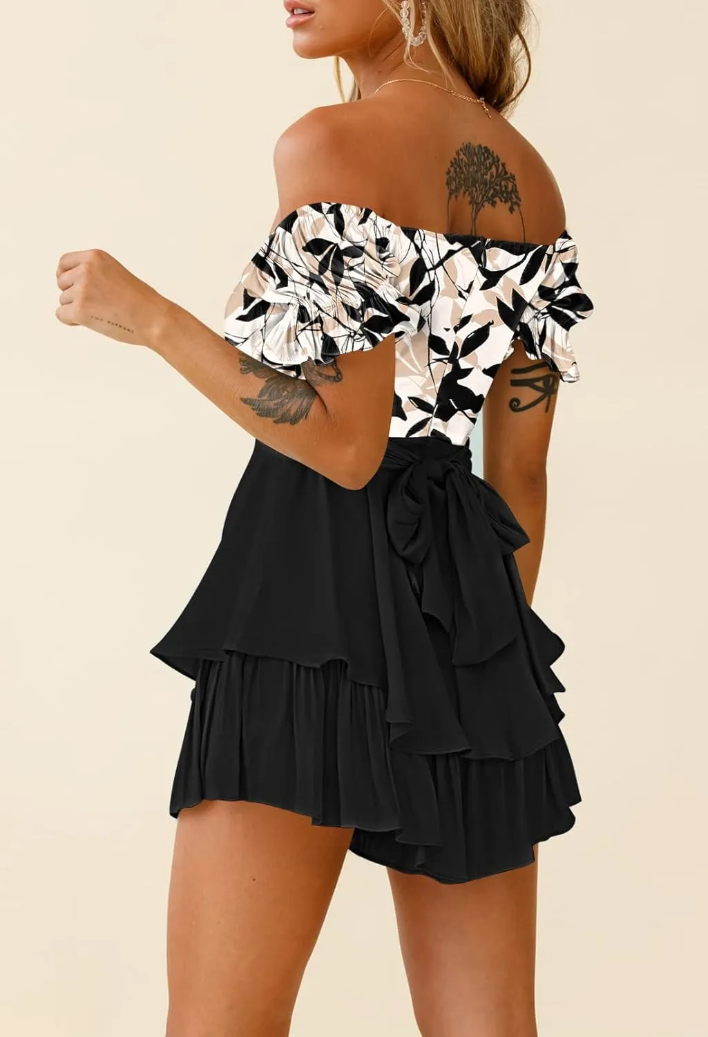 Fixmatti Women Boho Romper Off Shoulder Ruffle Chiffon Shorts Jumpsuit Playsuits