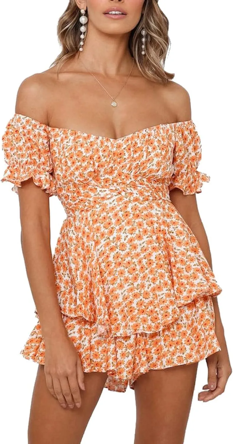 Fixmatti Women Boho Romper Off Shoulder Ruffle Chiffon Shorts Jumpsuit Playsuits