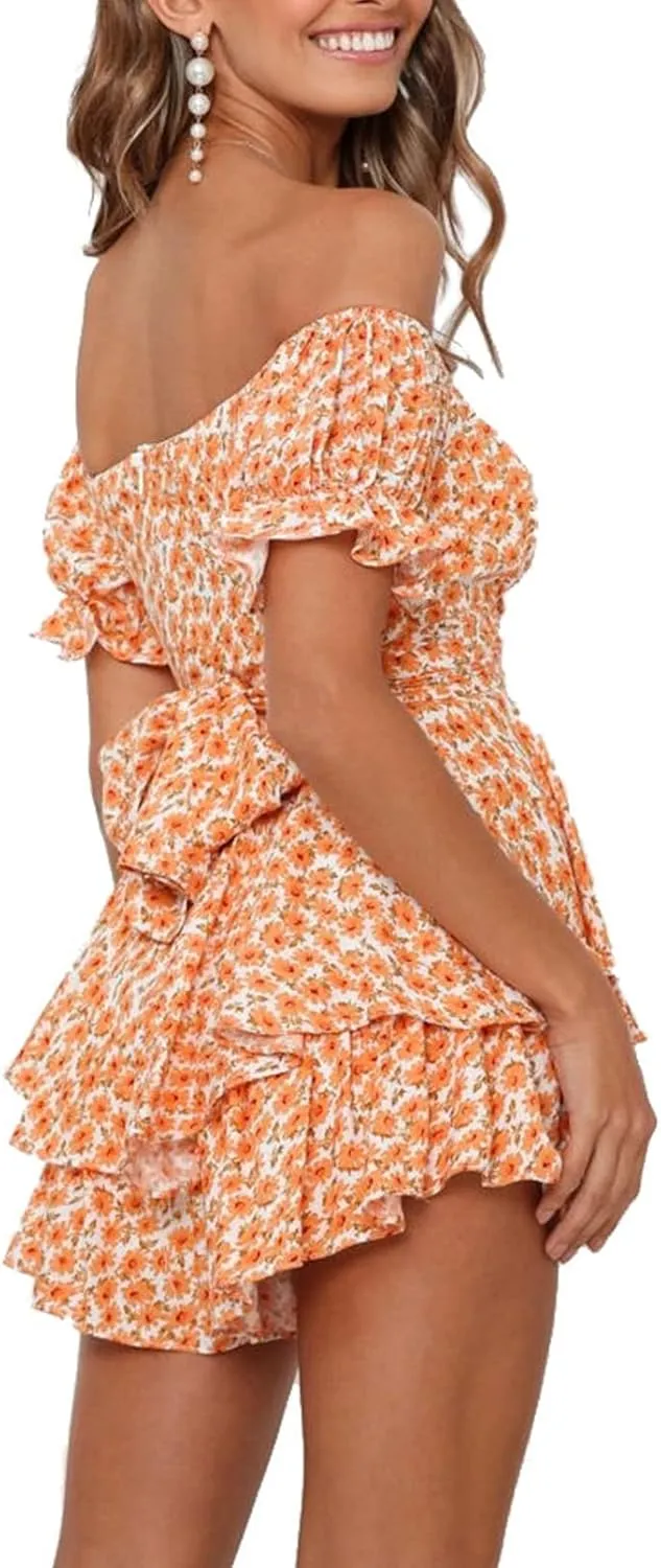 Fixmatti Women Boho Romper Off Shoulder Ruffle Chiffon Shorts Jumpsuit Playsuits