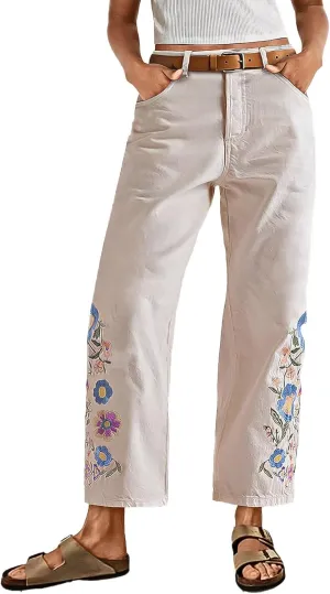 Flamingals High Waisted Cotton Straight Leg Pants for Women Boho Floral Embroidery Summer Pants