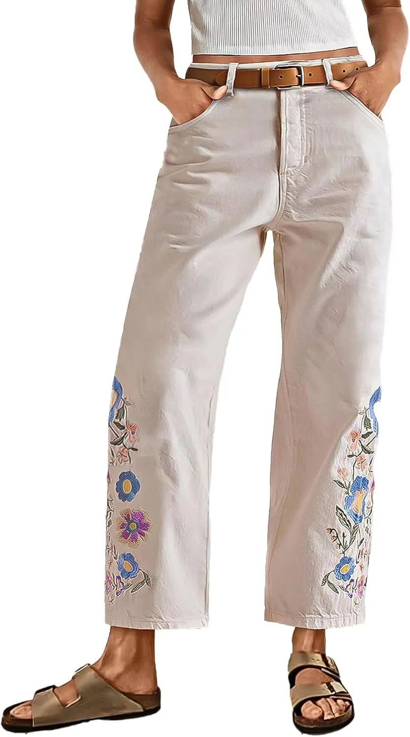 Flamingals High Waisted Cotton Straight Leg Pants for Women Boho Floral Embroidery Summer Pants