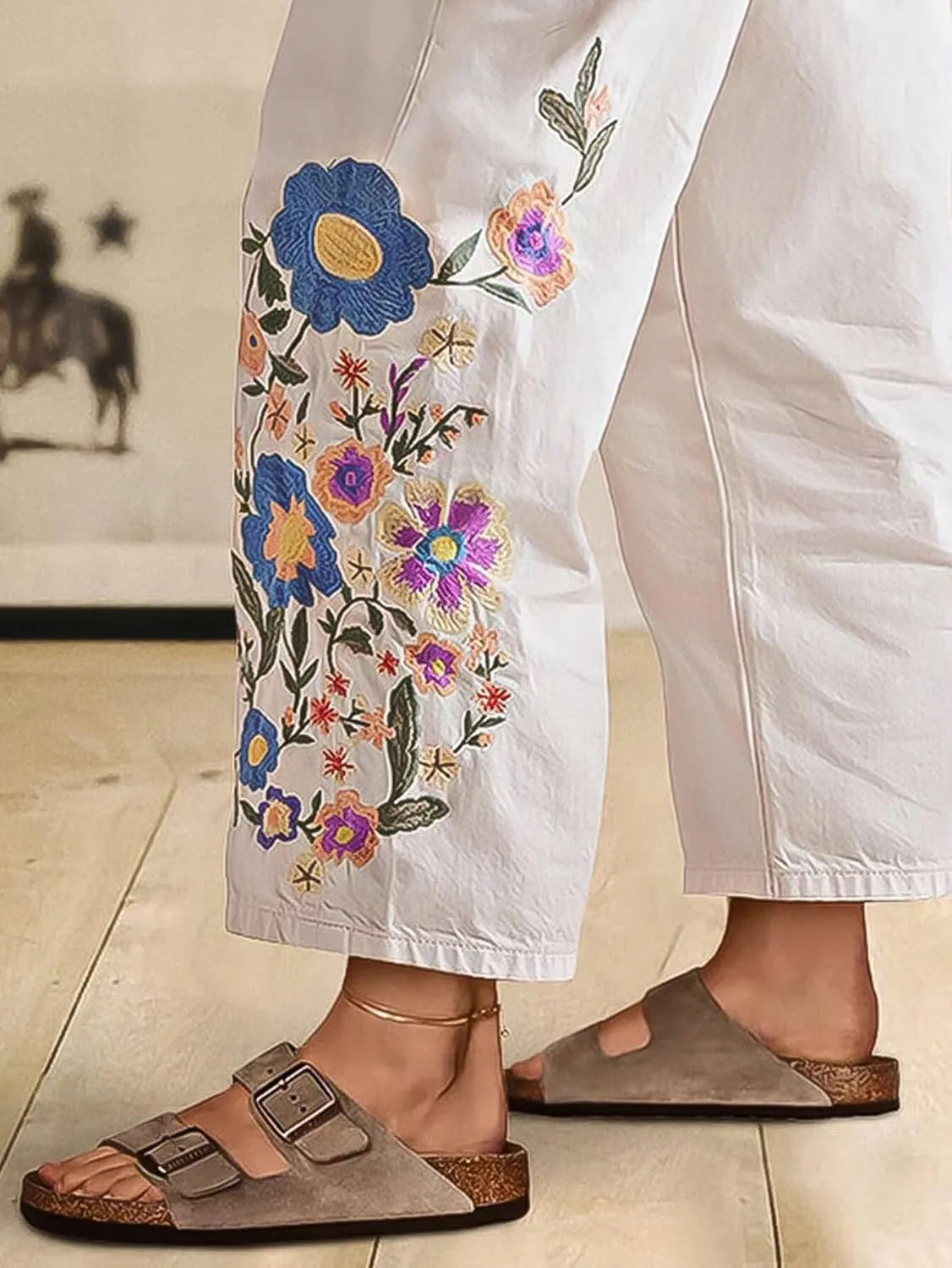 Flamingals High Waisted Cotton Straight Leg Pants for Women Boho Floral Embroidery Summer Pants