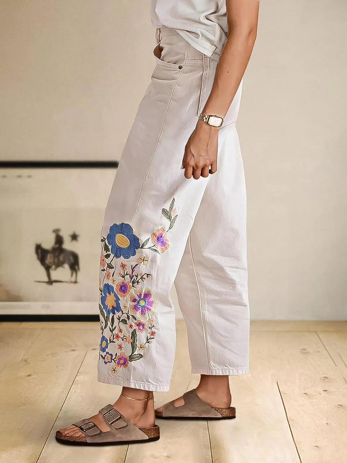 Flamingals High Waisted Cotton Straight Leg Pants for Women Boho Floral Embroidery Summer Pants