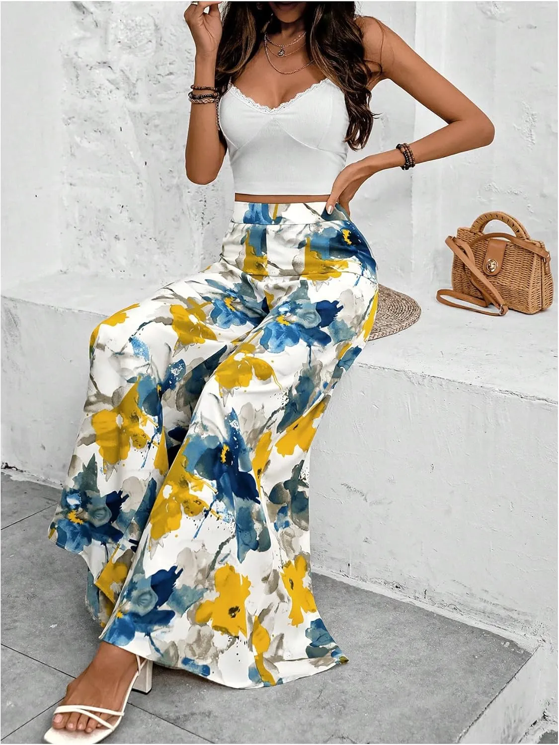 Floerns Women's Floral Print Extra Wide Leg High Waist Loose Palazzo Pants Trousers