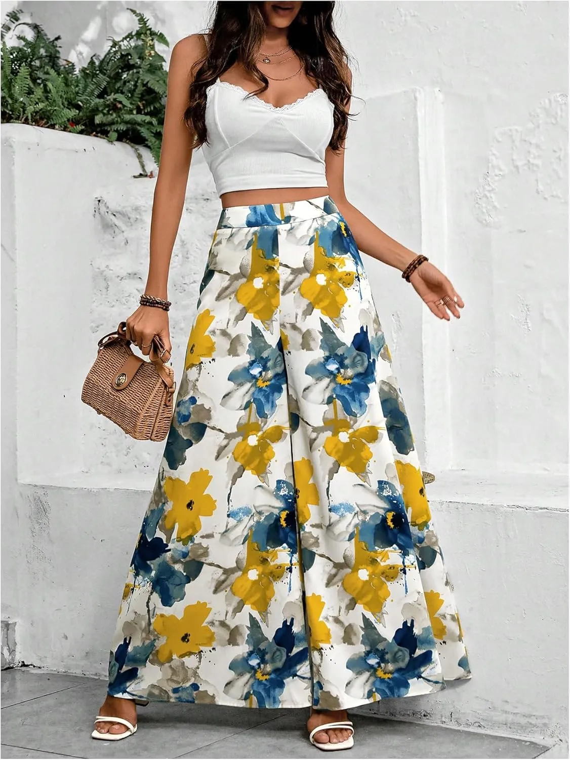 Floerns Women's Floral Print Extra Wide Leg High Waist Loose Palazzo Pants Trousers