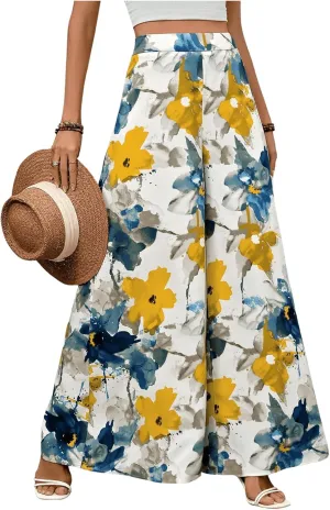 Floerns Women's Floral Print Extra Wide Leg High Waist Loose Palazzo Pants Trousers