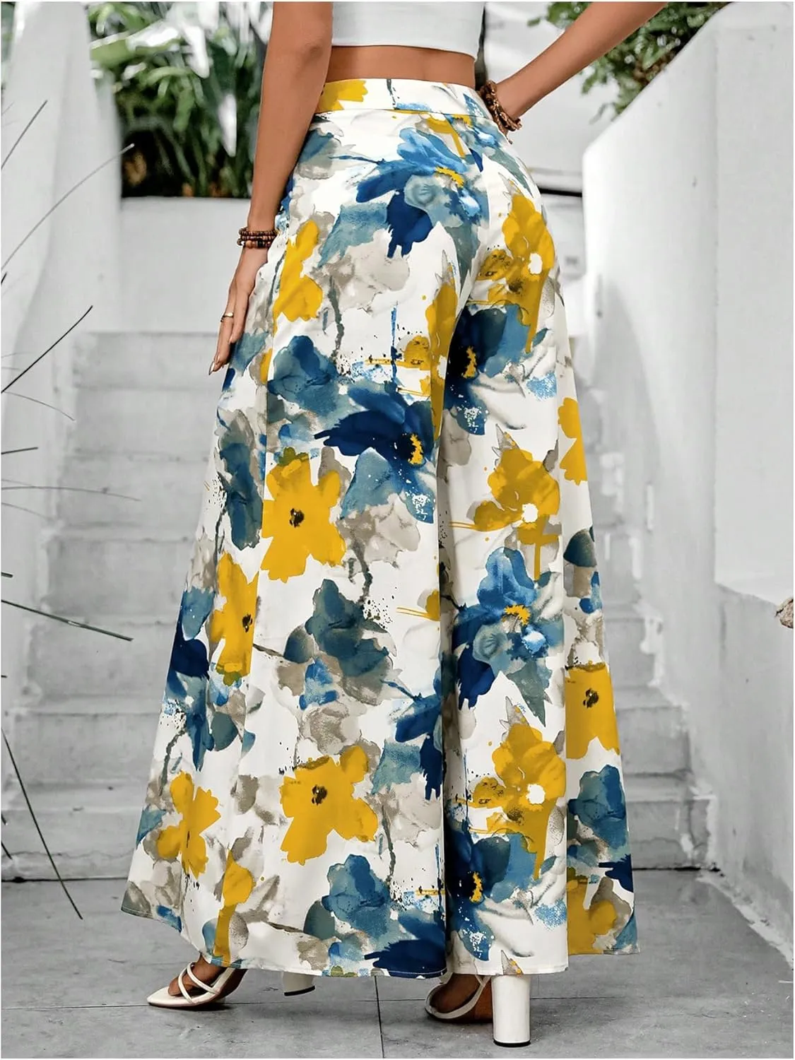 Floerns Women's Floral Print Extra Wide Leg High Waist Loose Palazzo Pants Trousers