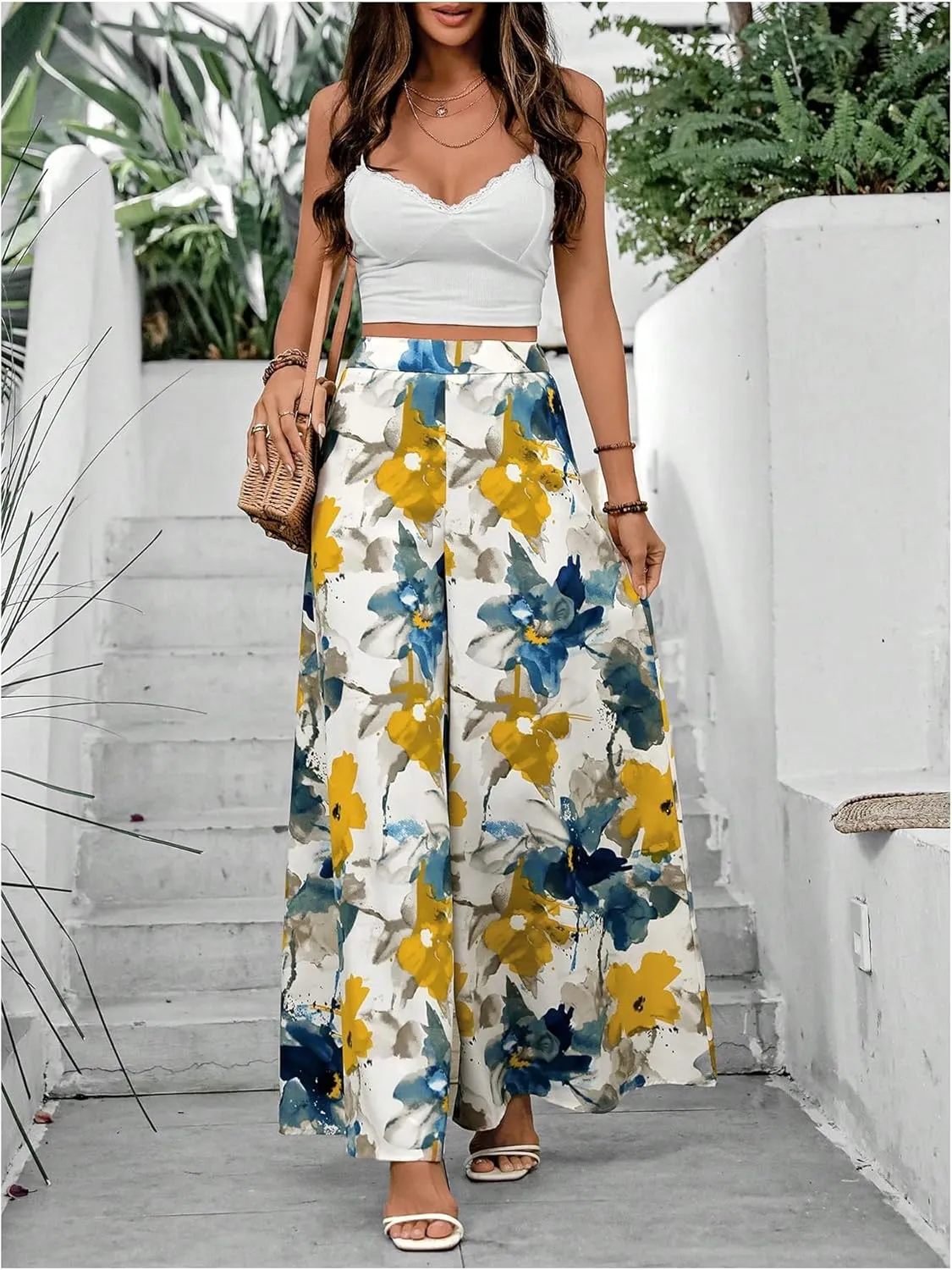 Floerns Women's Floral Print Extra Wide Leg High Waist Loose Palazzo Pants Trousers