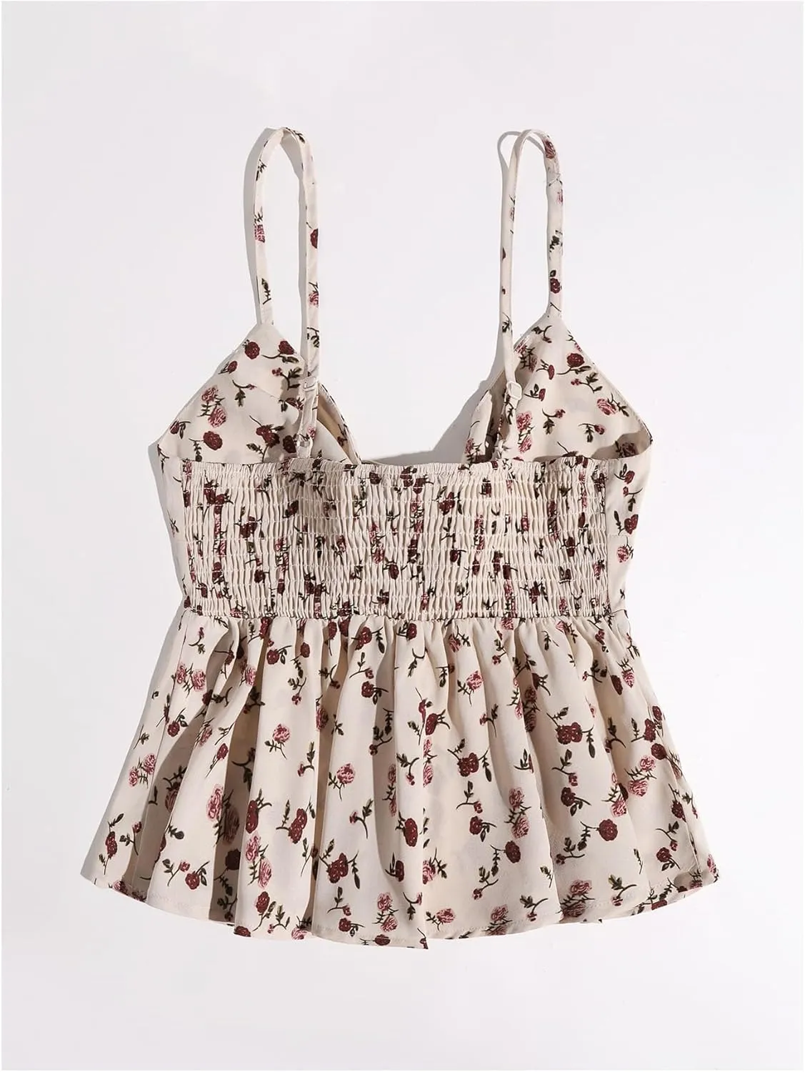 Floerns Women's Floral Print Ruffle Hem Camisole Tie Front Shirred Holiday Cami Top