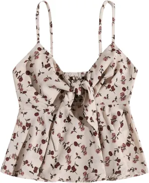 Floerns Women's Floral Print Ruffle Hem Camisole Tie Front Shirred Holiday Cami Top