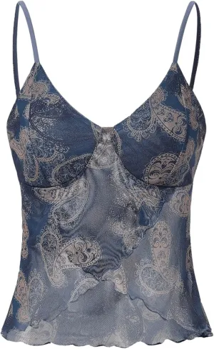 Floerns Women's Paisley Print Sleeveless Sheer Lettuce Trim V Neck Cami Tops