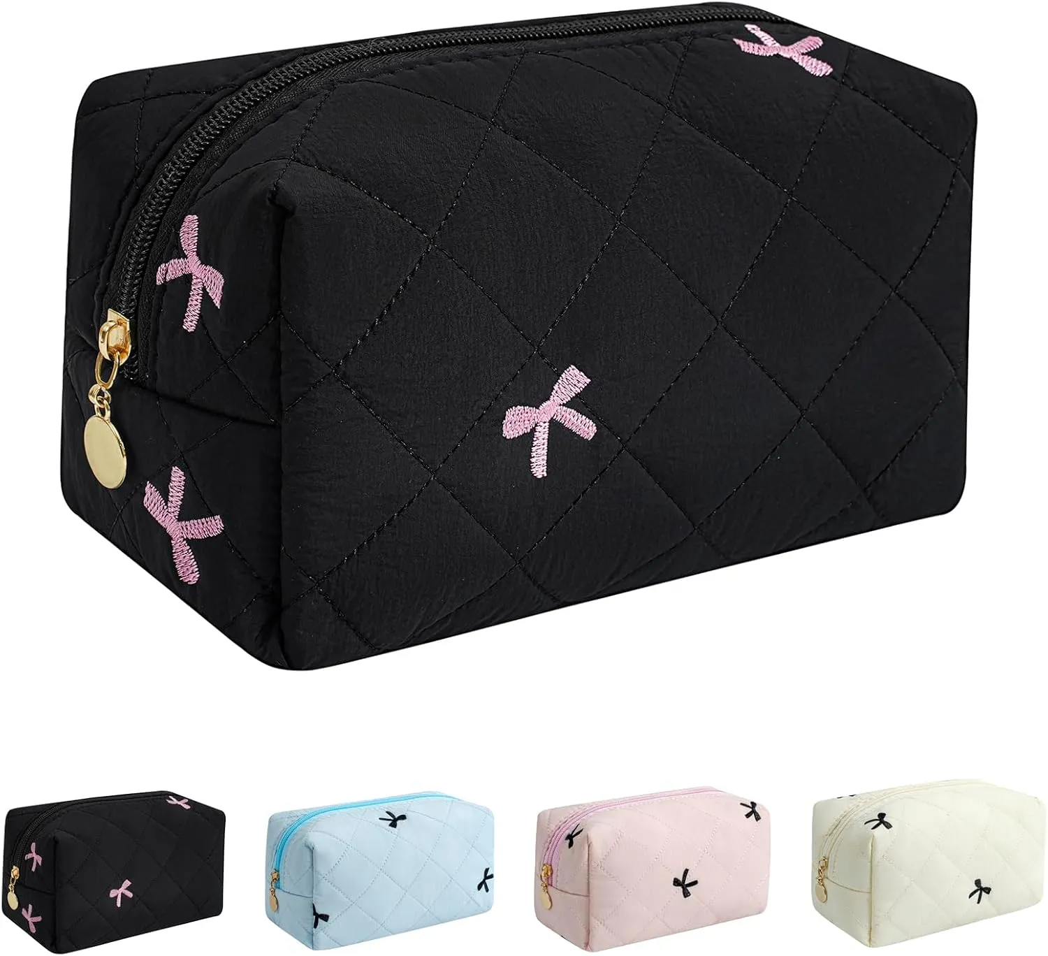 Floral Cotton Makeup Cosmetic Bag for Women, Travel Quilted Zipper Make Up Bag, Flowers Toiletry Organizer Case Kawaii Makeup Cosmetic Travel Cloth Pouch (Black)