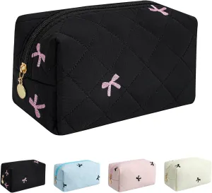 Floral Cotton Makeup Cosmetic Bag for Women, Travel Quilted Zipper Make Up Bag, Flowers Toiletry Organizer Case Kawaii Makeup Cosmetic Travel Cloth Pouch (Black)