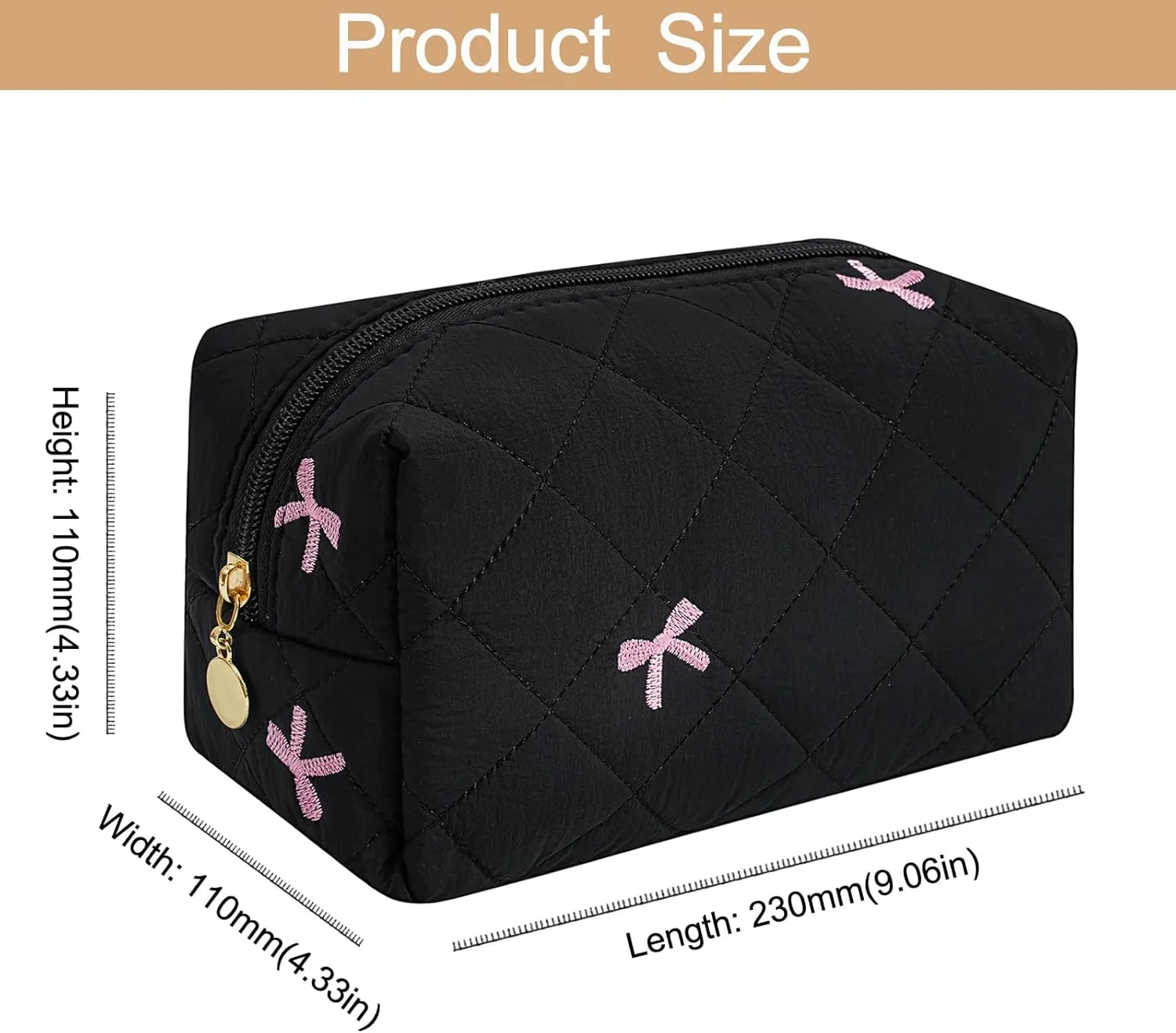 Floral Cotton Makeup Cosmetic Bag for Women, Travel Quilted Zipper Make Up Bag, Flowers Toiletry Organizer Case Kawaii Makeup Cosmetic Travel Cloth Pouch (Black)