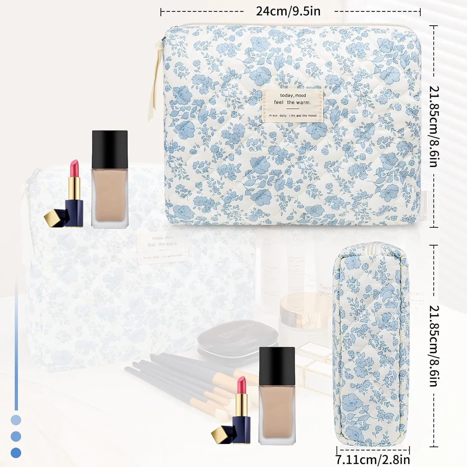 Floral Makeup Bag, Large Cosmetic Bag for Women Girls, Cute Cotton Make up Pouch, Quilted Makeup Bags, Flower Travel Toiletry Organizer Bag(Blue Floral)