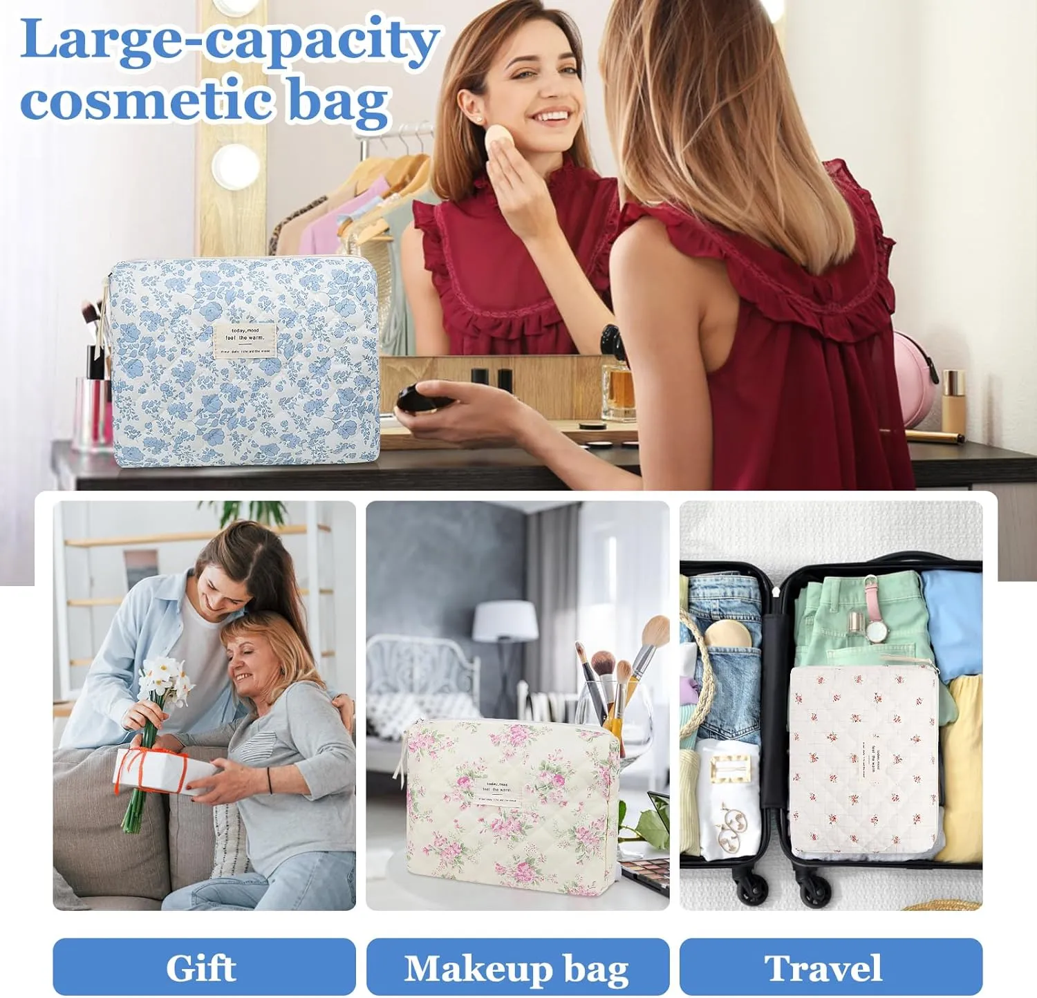 Floral Makeup Bag, Large Cosmetic Bag for Women Girls, Cute Cotton Make up Pouch, Quilted Makeup Bags, Flower Travel Toiletry Organizer Bag(Blue Floral)