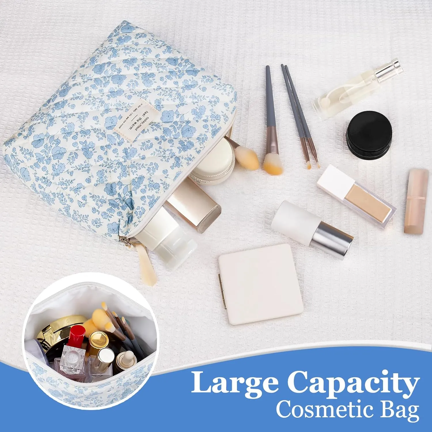 Floral Makeup Bag, Large Cosmetic Bag for Women Girls, Cute Cotton Make up Pouch, Quilted Makeup Bags, Flower Travel Toiletry Organizer Bag(Blue Floral)