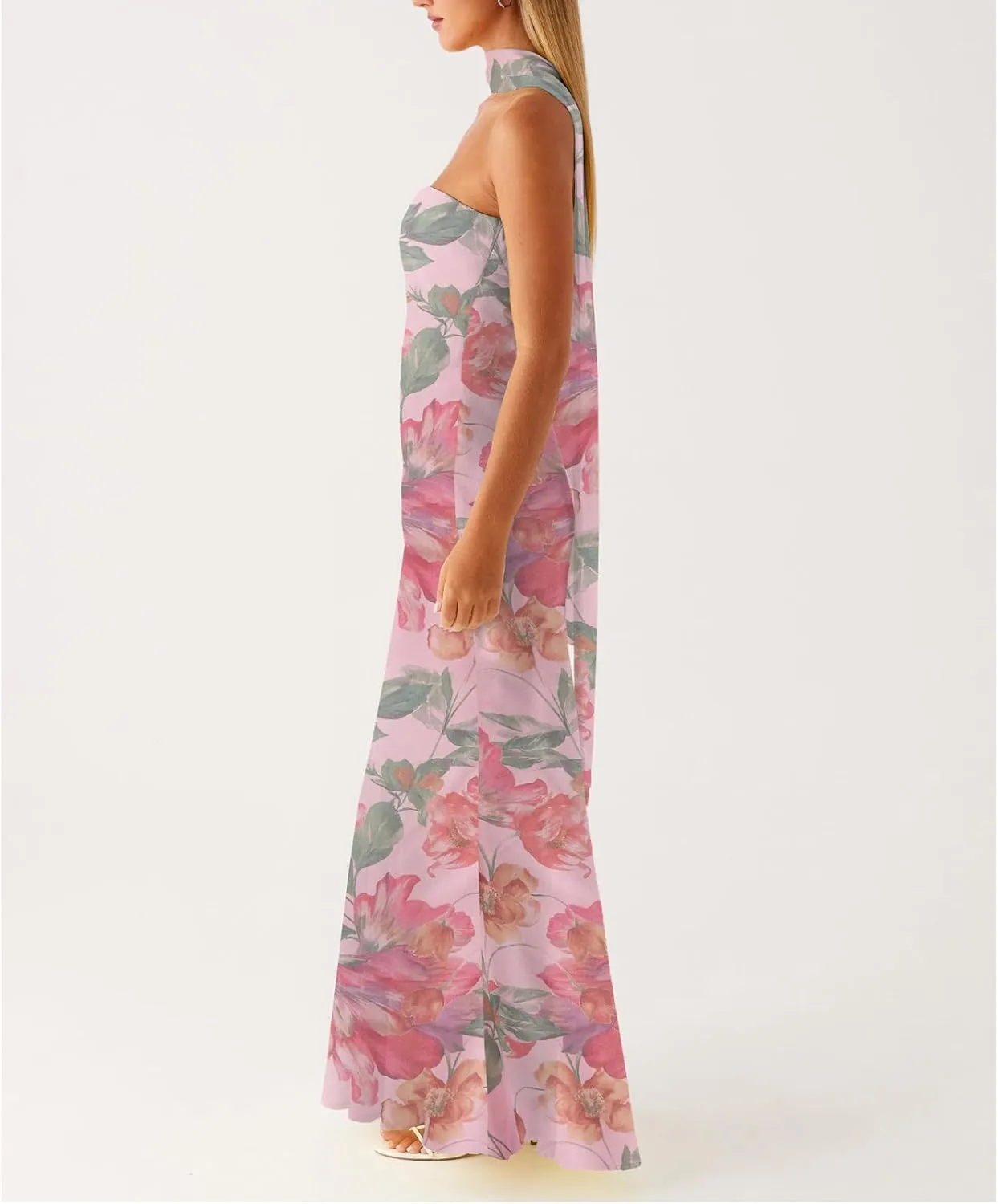Floral Strapless Maxi Dress with Neck Scarf Sexy Backless Bodycon Tube Formal Long Dresses Flower Mesh Summer Sundress