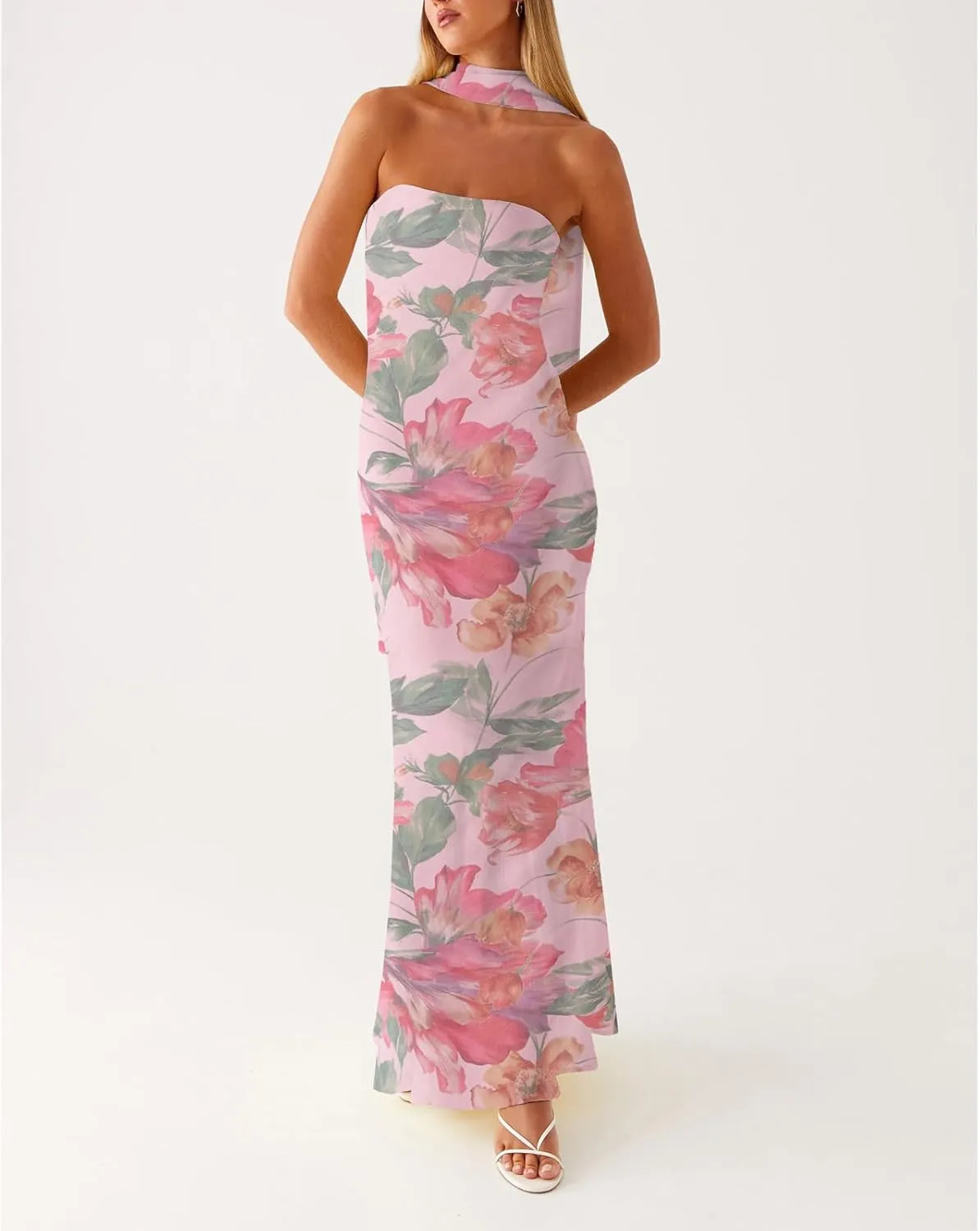 Floral Strapless Maxi Dress with Neck Scarf Sexy Backless Bodycon Tube Formal Long Dresses Flower Mesh Summer Sundress