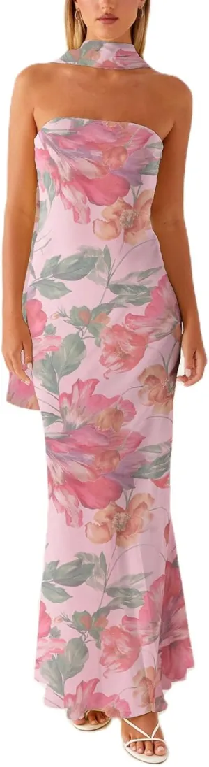 Floral Strapless Maxi Dress with Neck Scarf Sexy Backless Bodycon Tube Formal Long Dresses Flower Mesh Summer Sundress