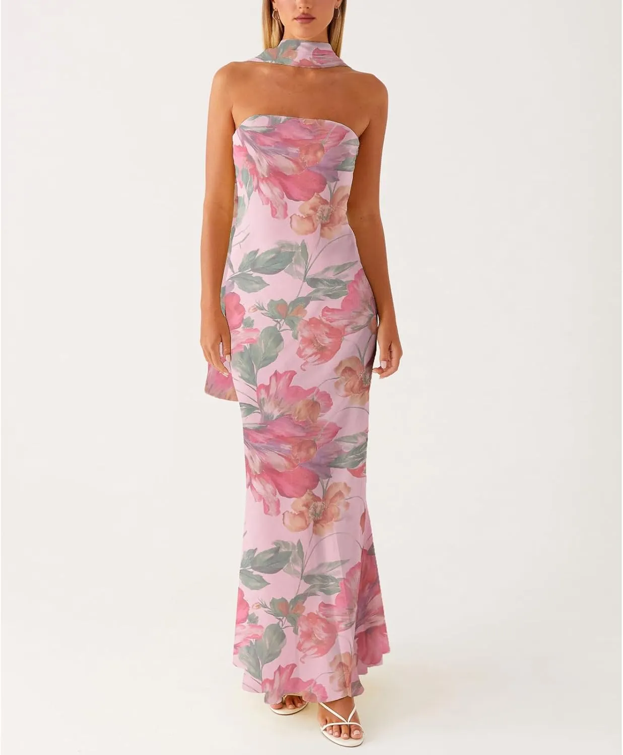 Floral Strapless Maxi Dress with Neck Scarf Sexy Backless Bodycon Tube Formal Long Dresses Flower Mesh Summer Sundress