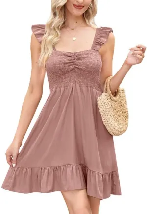 For G and PL Womens Casual Summer Babydoll Smocked Sleeveless Beach Mini Sundresses